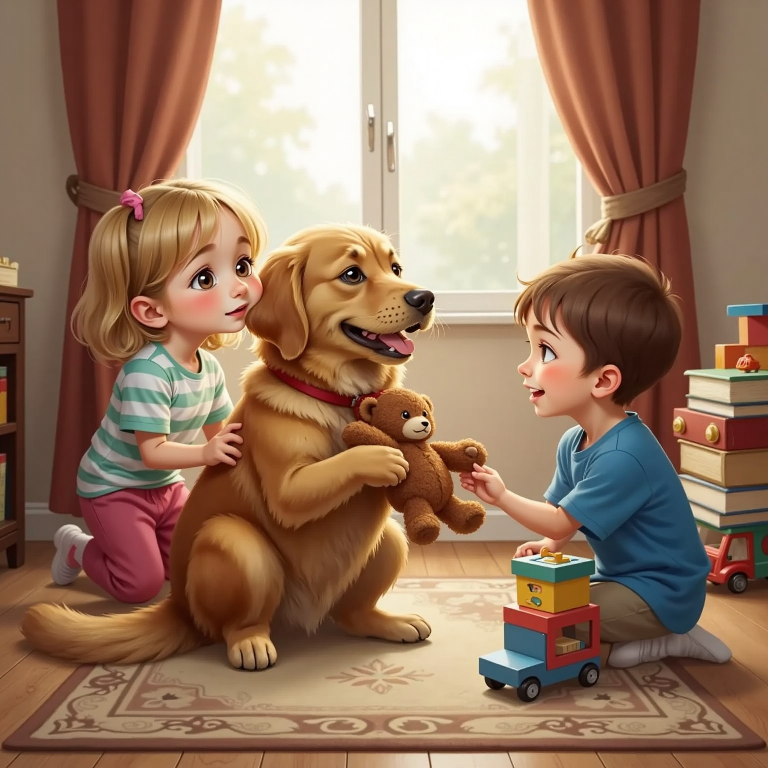 Milo smiling as his sister whispers 'Sorry' and his brother holds a block invitingly. A peaceful atmosphere in the room.