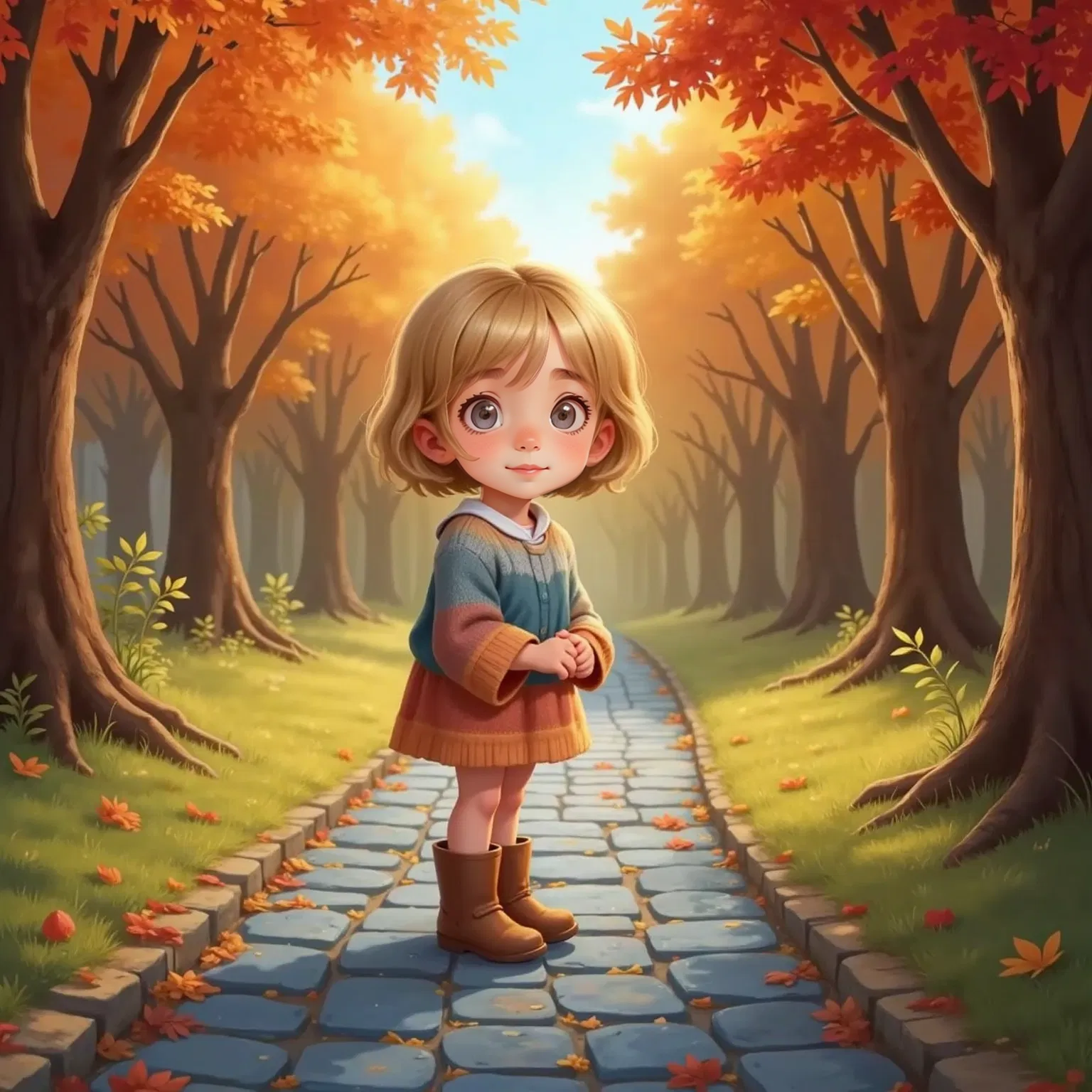 Camille standing on a path of bluish stones, surrounded by an autumn forest, looking curious and brave