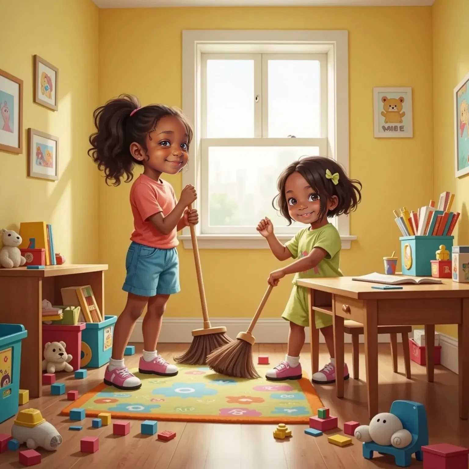 Kayla and Amra with brooms and cloths, cleaning a messy room, smiling and singing.