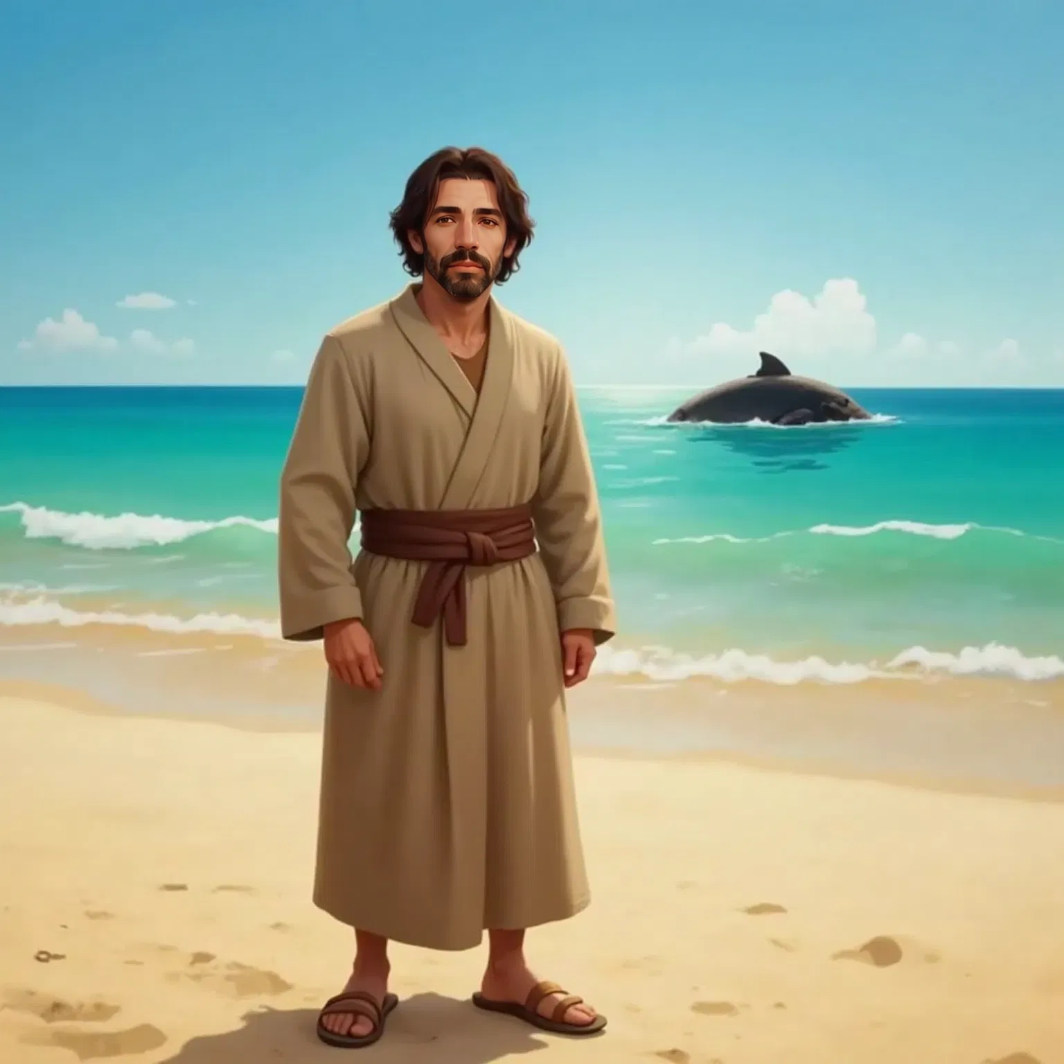 Jonah with a humble expression, standing on a beach with a large fish in the ocean far away
