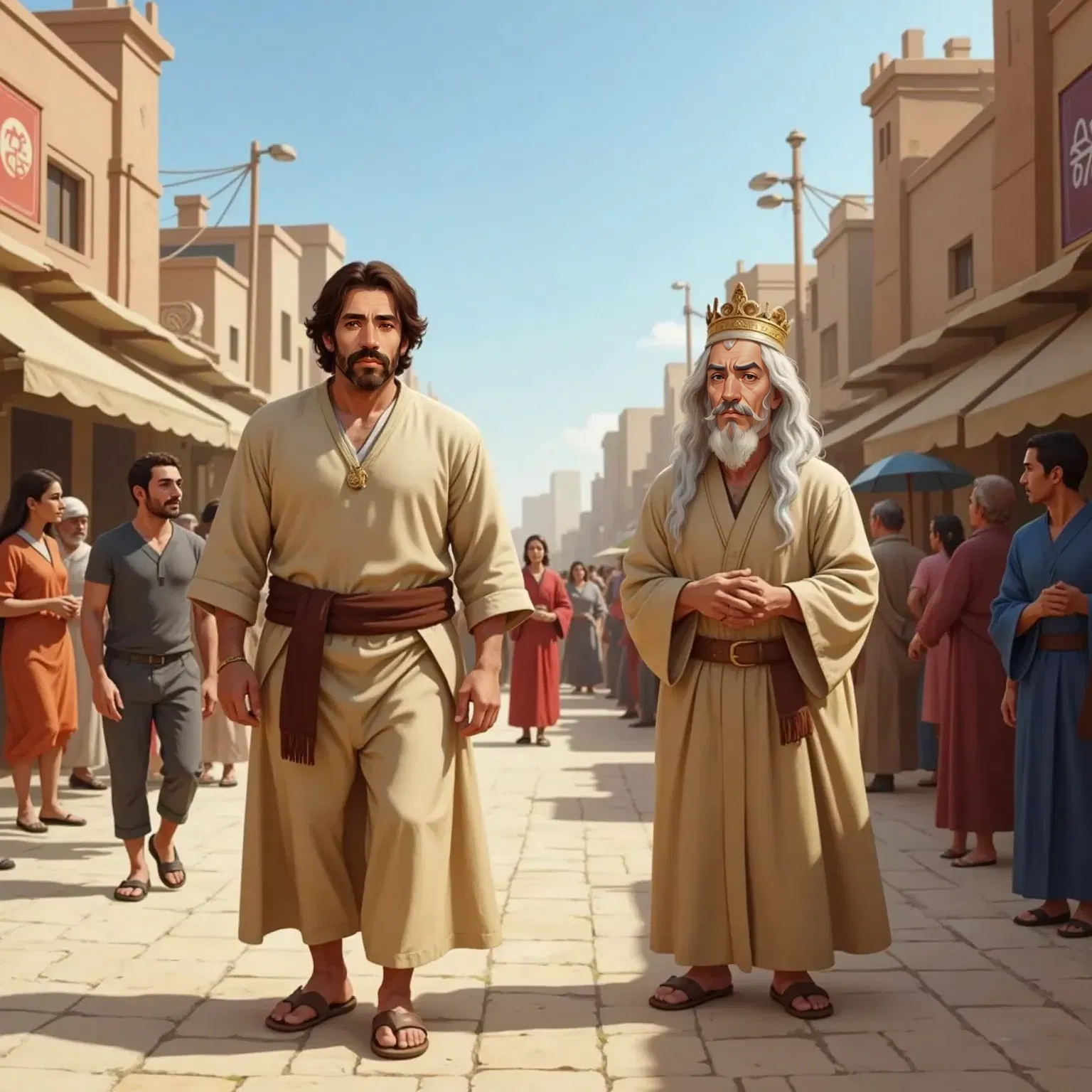Jonah walking through Nineveh's busy streets, the King of Nineveh looking worried, wearing rough clothes