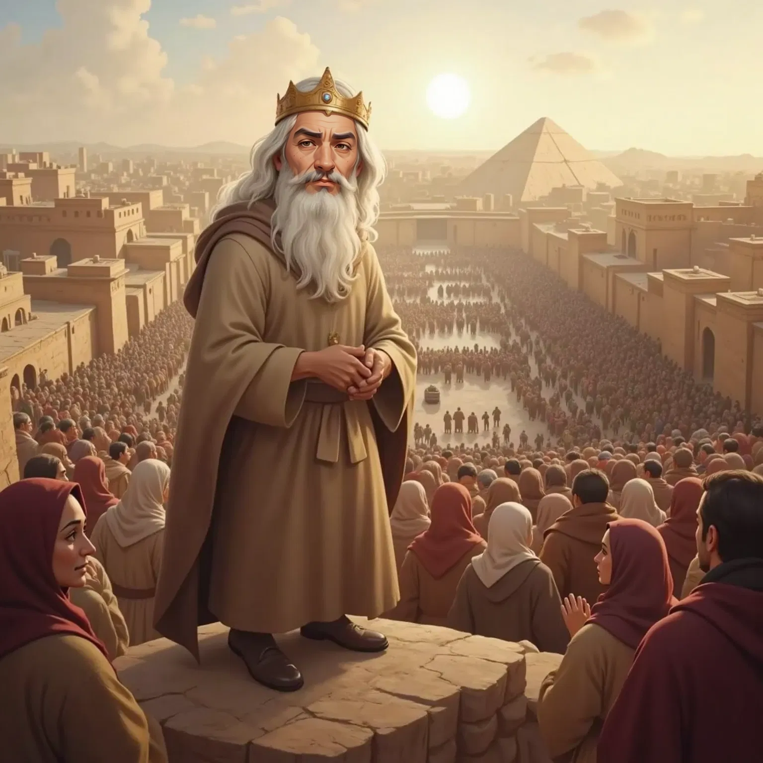 The King of Nineveh with a hopeful expression, surrounded by people praying, the city of Nineveh in the background