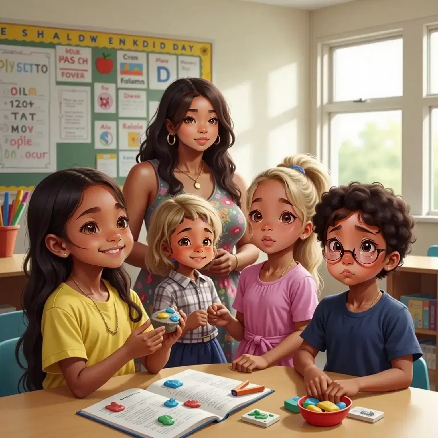 Olivia holding a colorfully painted rock while Dillon, Bonnie, and Beth laugh at her in a classroom setting. Miss Tyus watching from her desk with raised eyebrows.