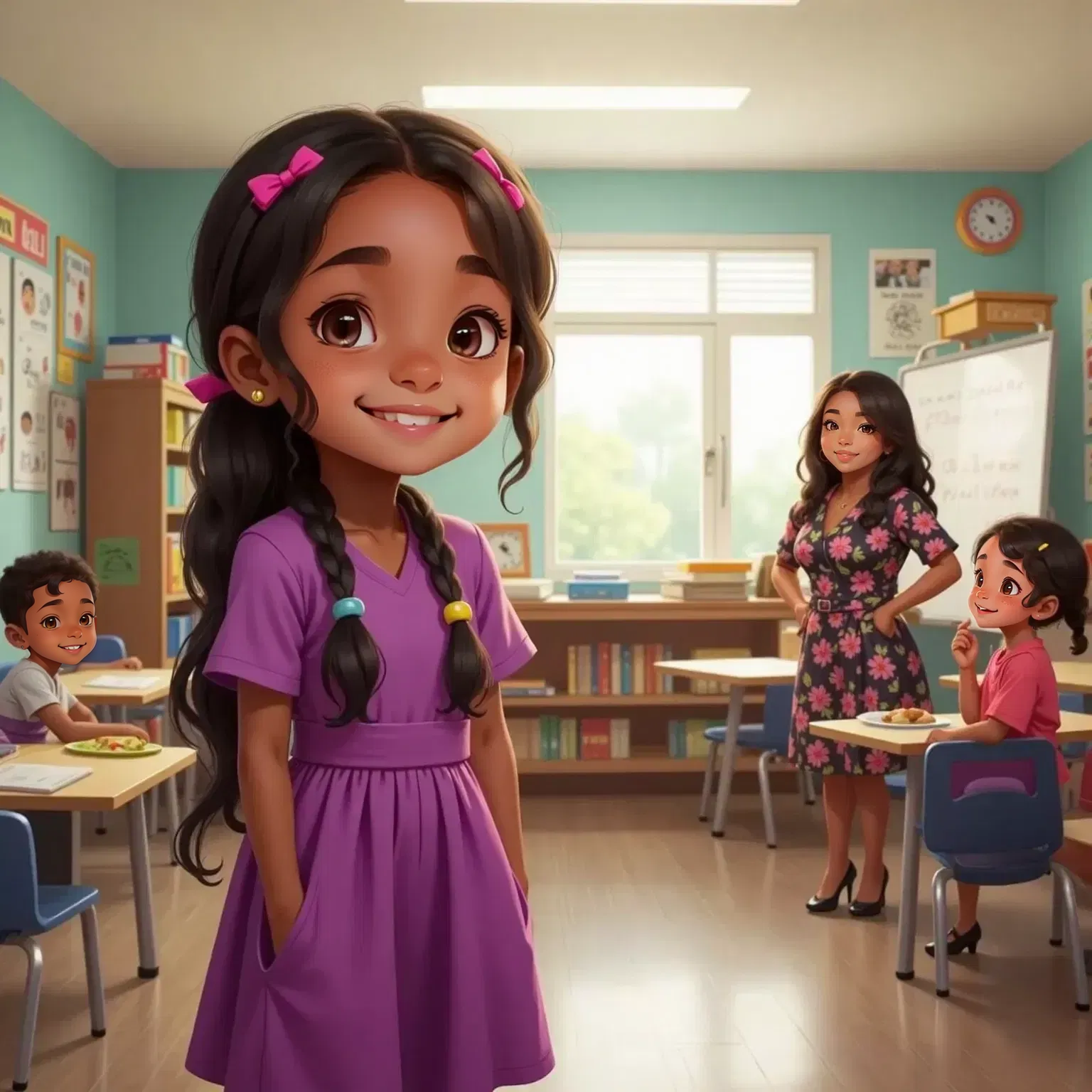 Carter laughing loudly and Ceci with a proud smirk as Olivia stands confidently with a determined grin in a classroom. Miss Tyus smiling gently in the background.