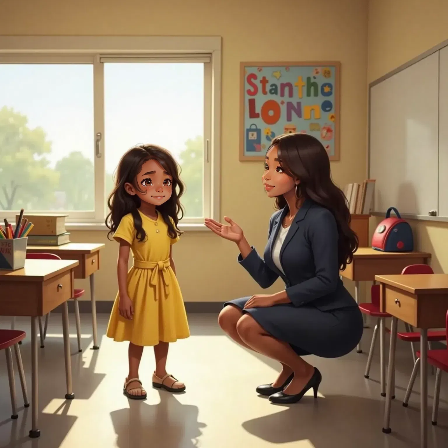 Olivia with tears in her eyes standing in front of Miss Tyus who has a kind, reassuring smile in an empty classroom after school.
