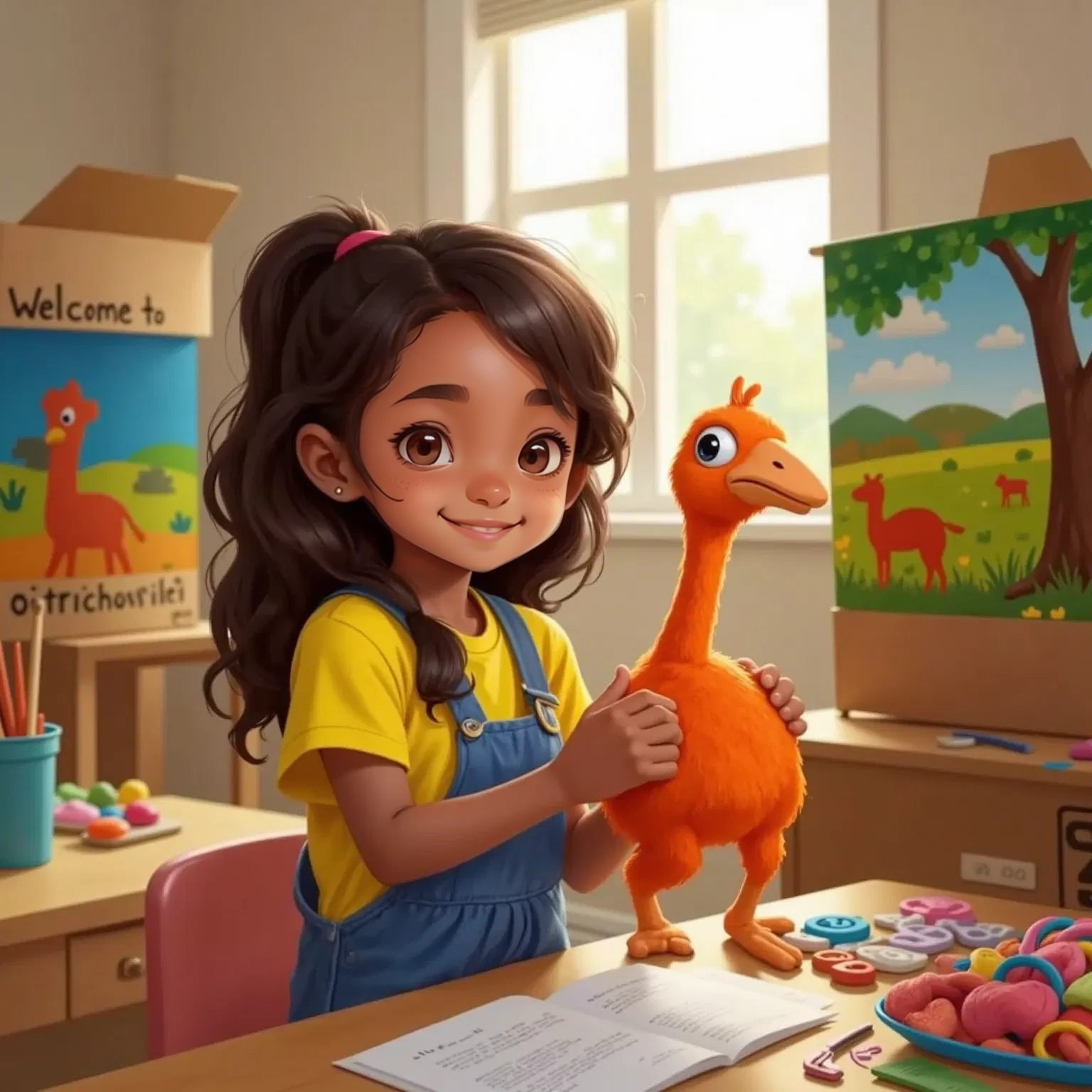 Olivia practicing with her completed orange sock puppet ostrich named Oscar. The puppet has googly eyes, a long neck, and bright orange fabric.