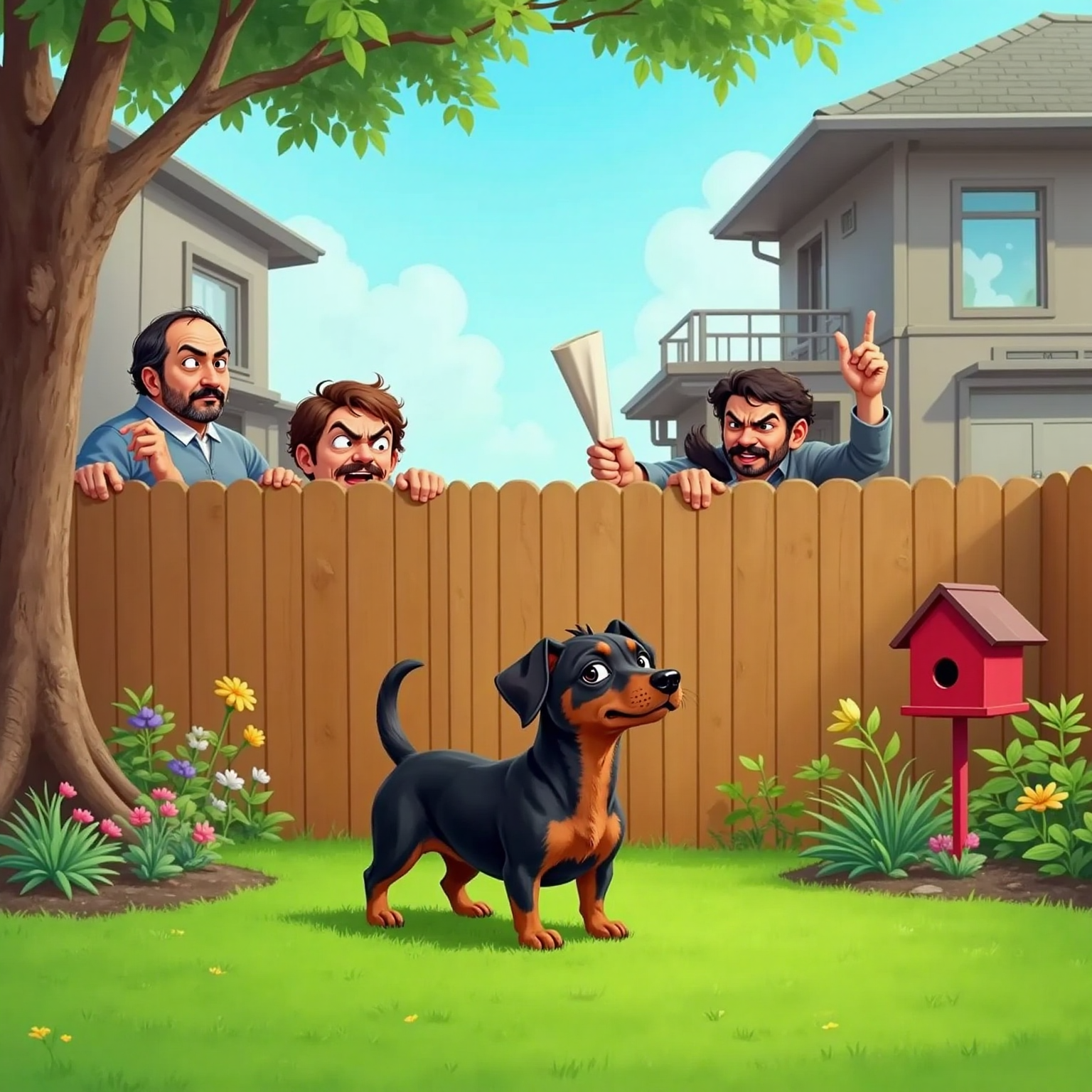 Monty Barko, a black and tan sausage dog, barking loudly, with frustrated neighbors in the background
