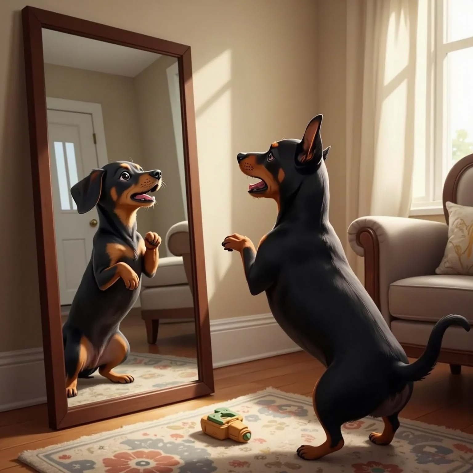 Monty Barko barking at his own reflection in a mirror, looking confused
