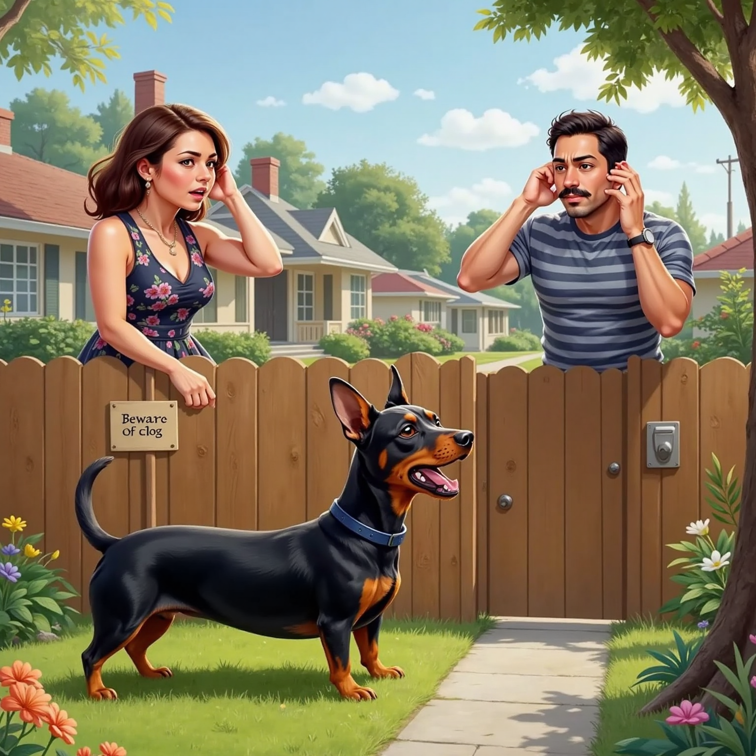 Monty Barko barking loudly, with annoyed neighbors holding their ears
