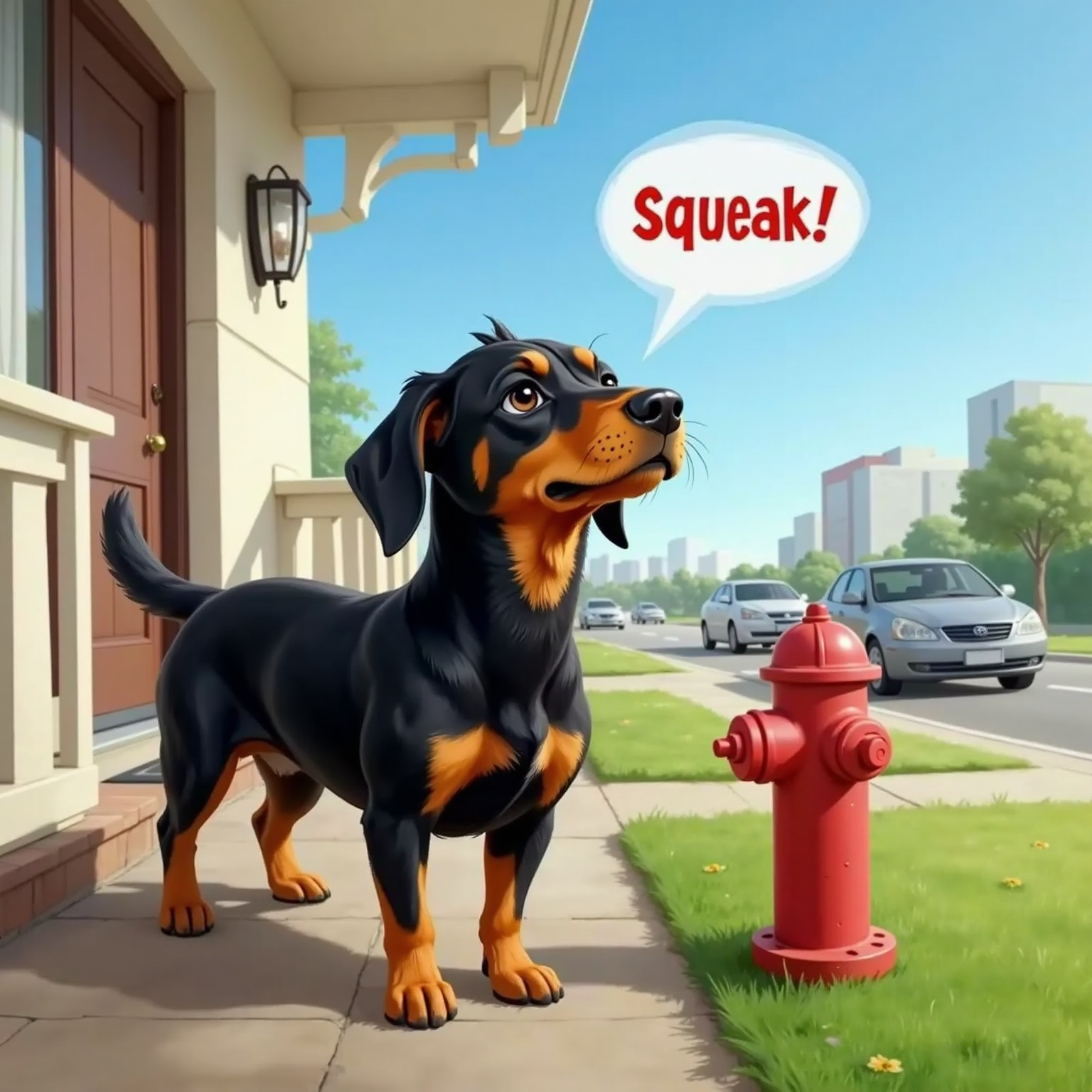 Monty Barko squeaking at passing cars, looking confused, with a squeaky sound effect