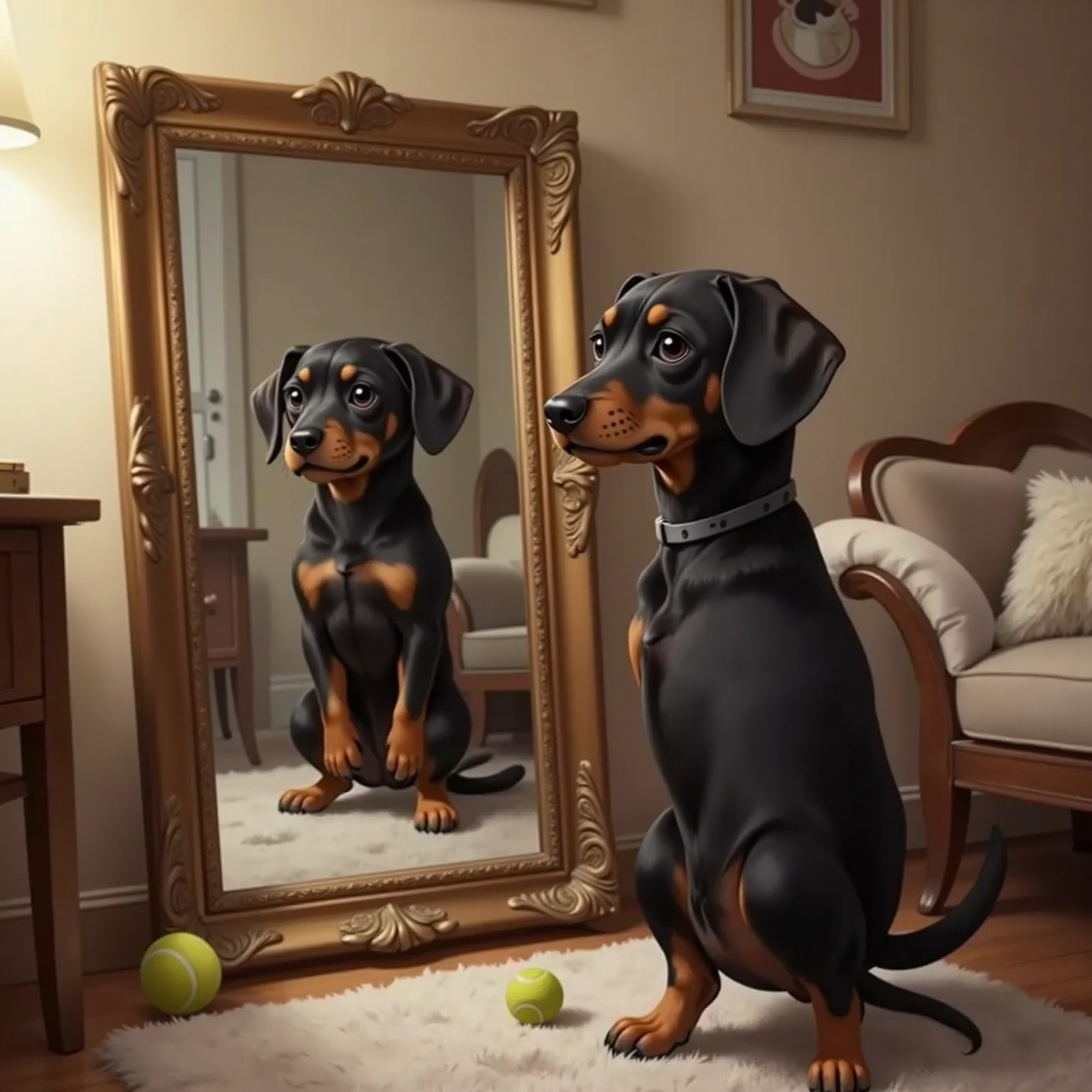 Monty Barko looking sad, squeaking at his reflection in a mirror