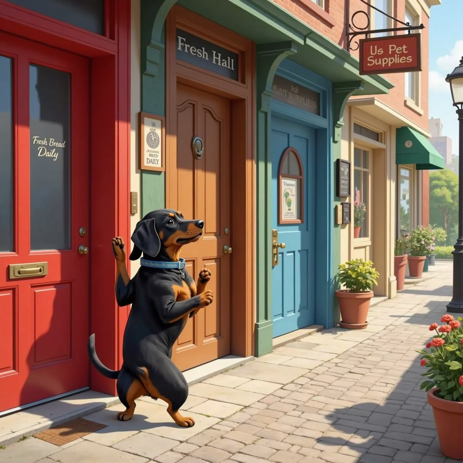 Monty Barko squeaking at various doors in town, looking determined