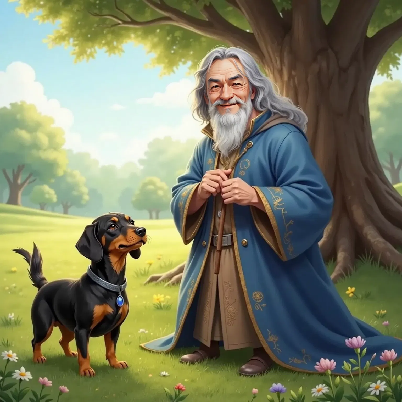 Monty Barko with drooped ears, wizard smiling at him, Monty nodding