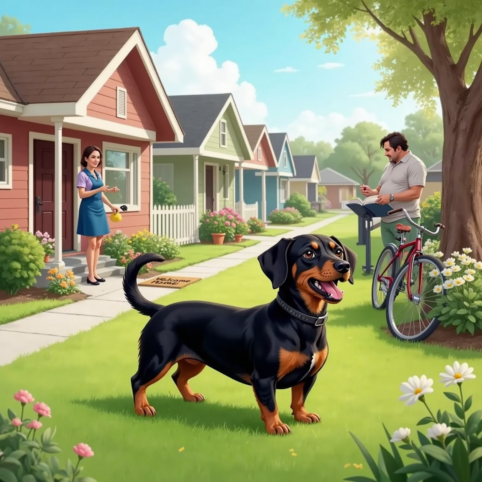 Monty Barko barking moderately, looking content, with happy neighbors in the background