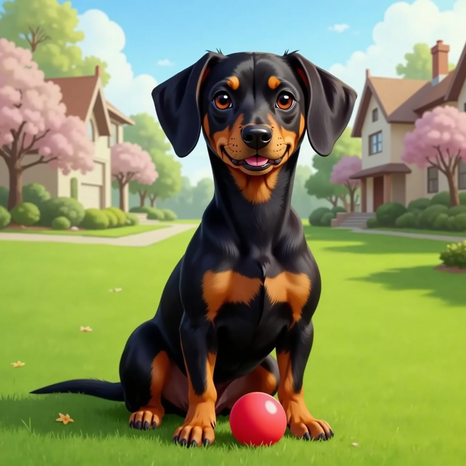Monty Barko sitting happily, looking proud, with a peaceful neighborhood in the background