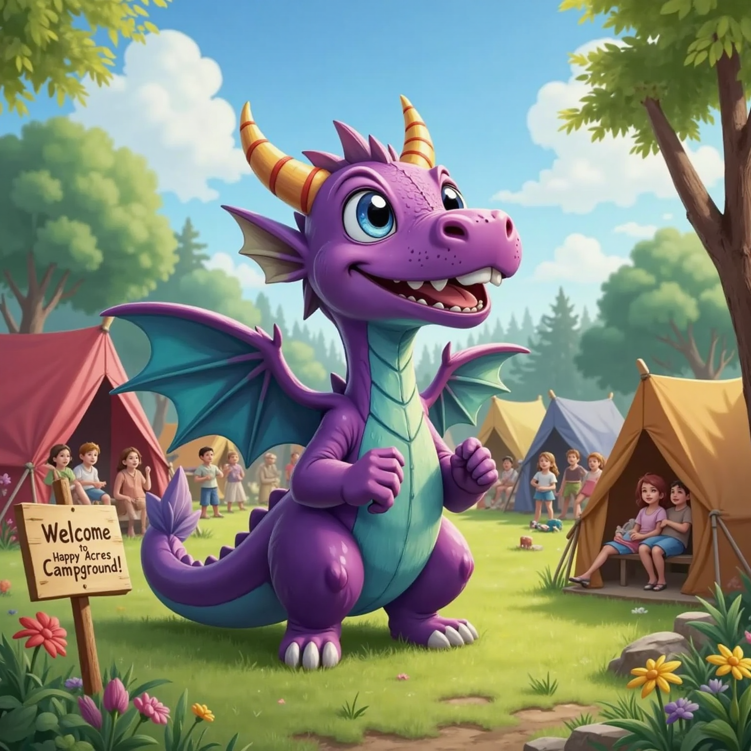 Smelly the Smellygaster Dragon with big wings and a bigger smile, standing near a sunny campground