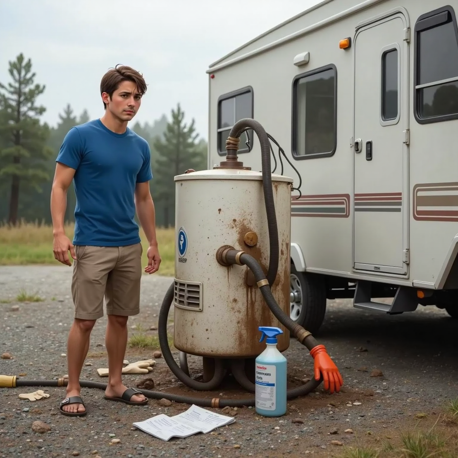 A worried camper standing beside a messy RV tank, looking confused