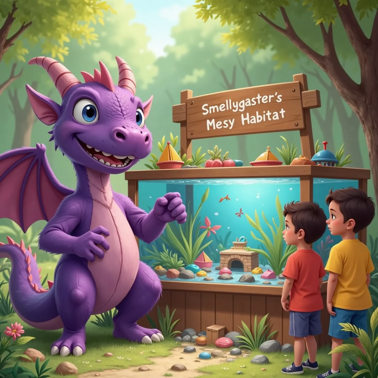 Smelly the Smellygaster Dragon with his big smile, standing next to the campers pointing at the messy tank