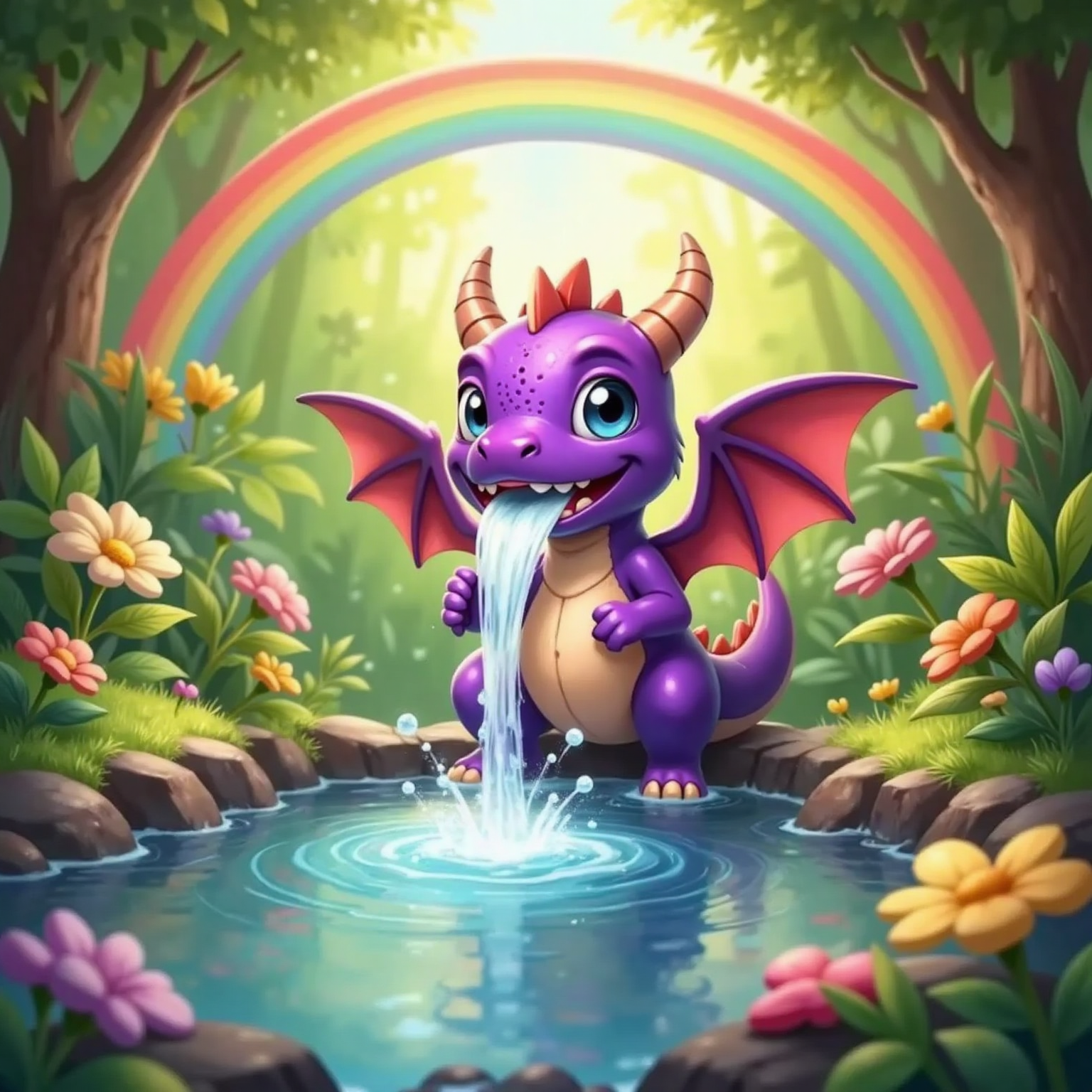 Smelly the Smellygaster Dragon spraying warm, bubbly water from his mouth with a magical glow