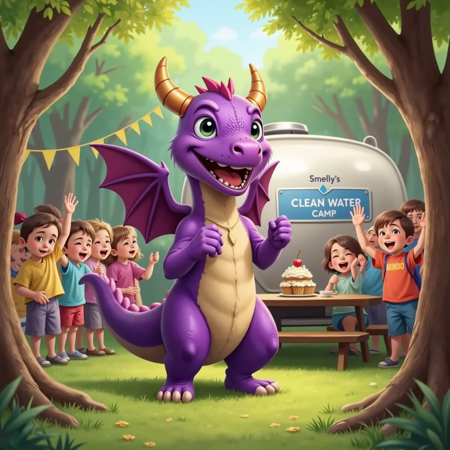 Campers cheering happily with a clean RV tank in the background, Smelly the Smellygaster Dragon beaming with pride