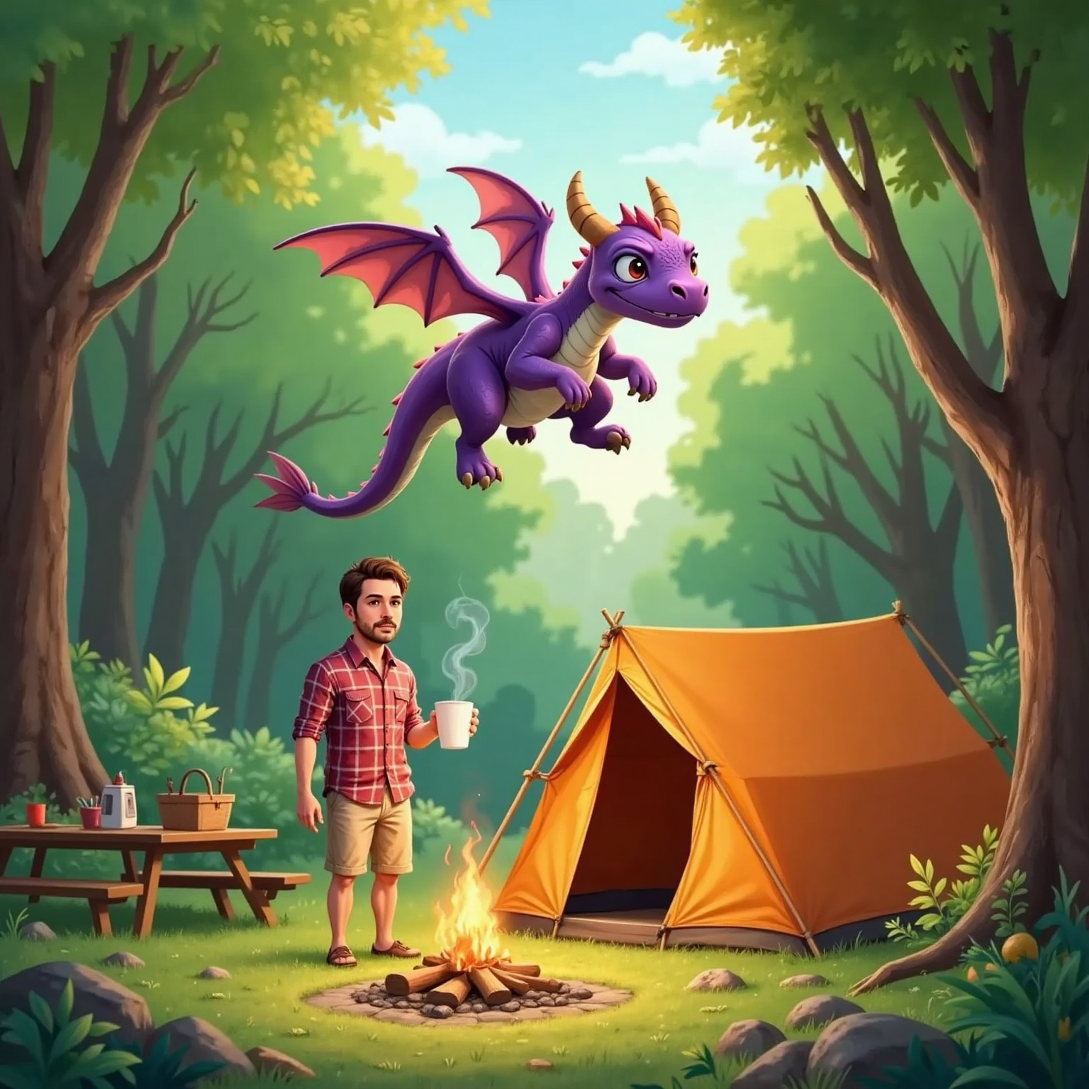 A camper with a worried face holding a cup of funny-tasting water, Smelly the Smellygaster Dragon flying over