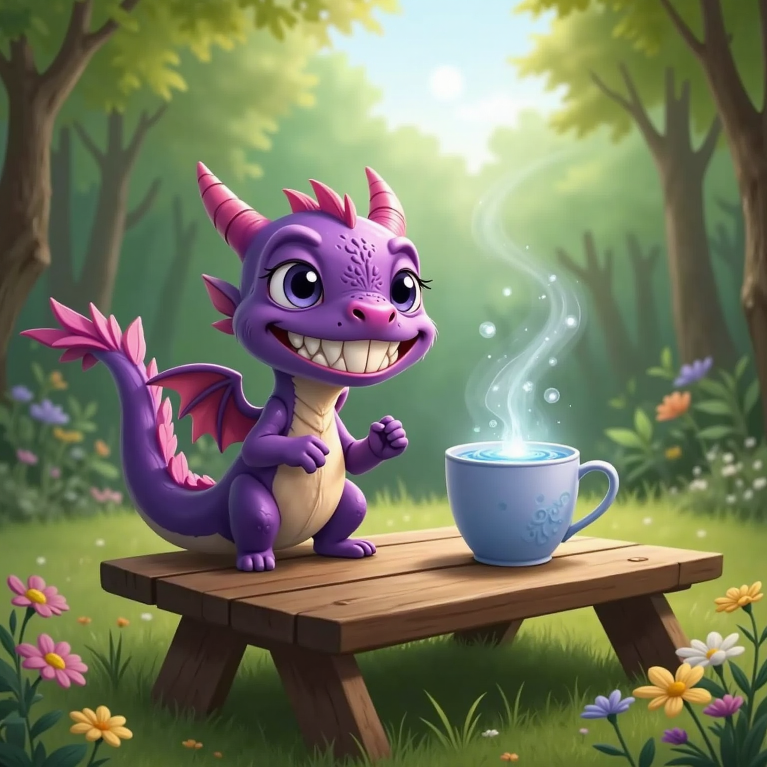 Smelly the Smellygaster Dragon wiggling his small horns, water in a camper's cup shimmering magically