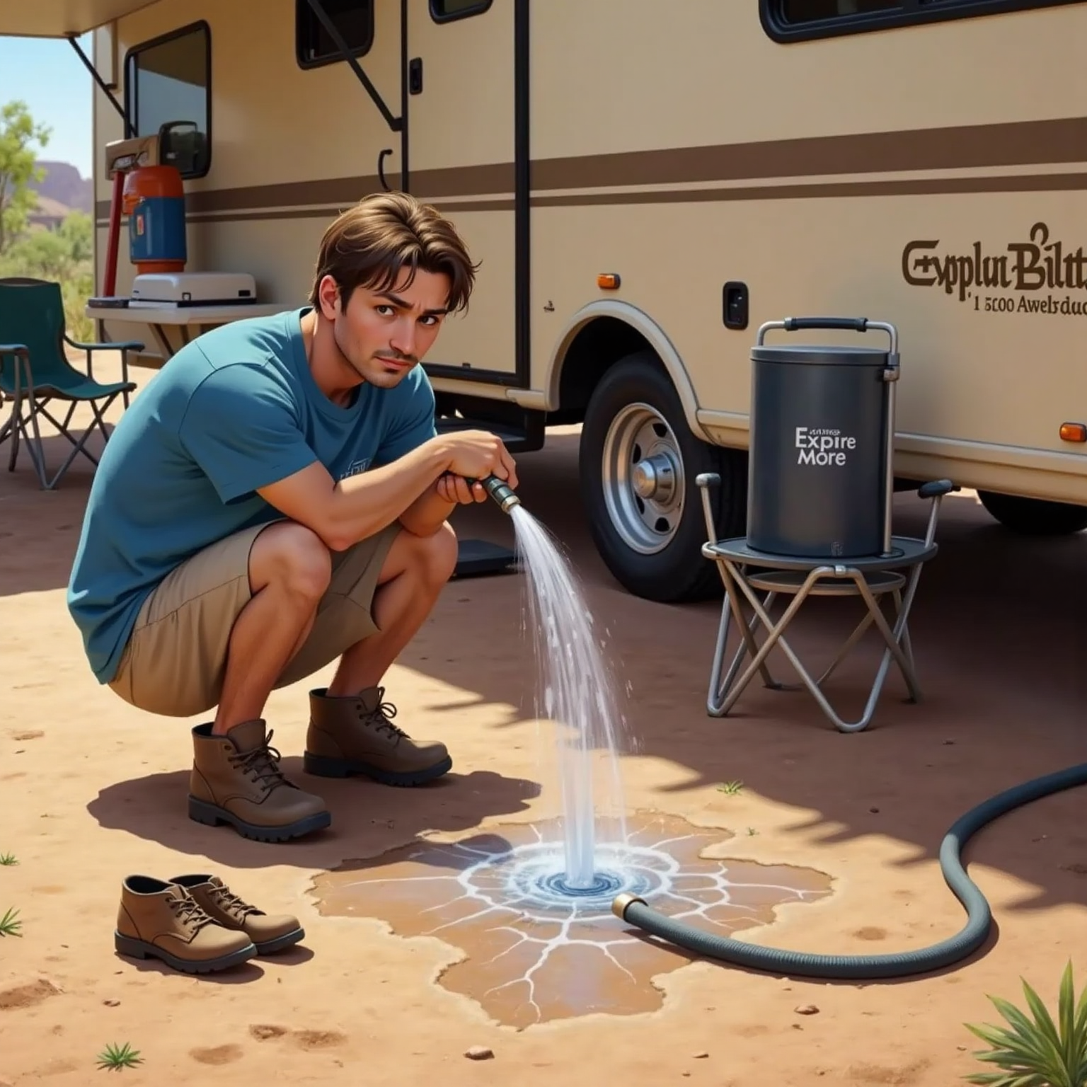 A camper looking at a leaking water hose, a forming puddle on the ground