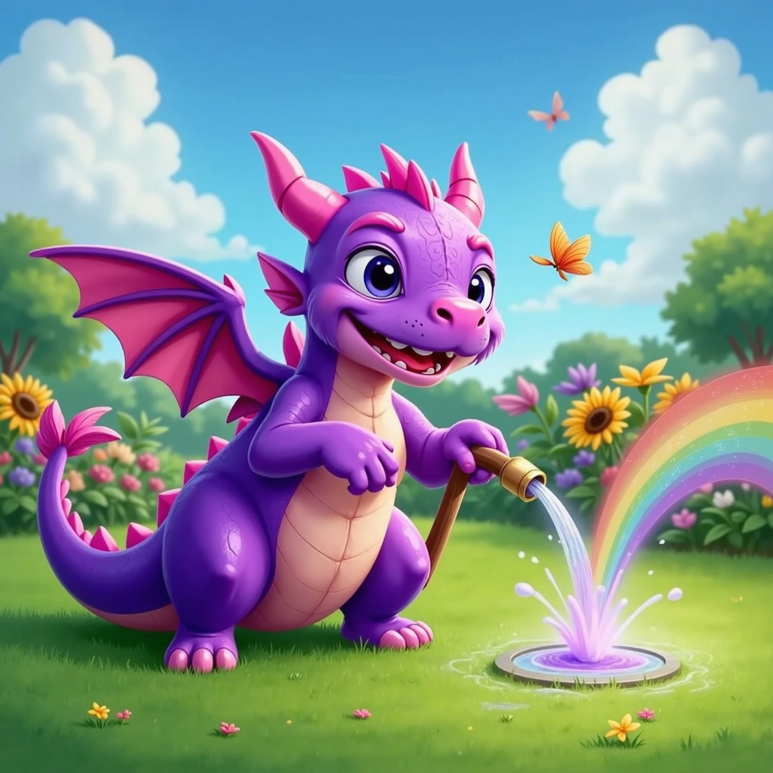 Smelly the Smellygaster Dragon touching a leaky hose, a shimmery purple glow appearing