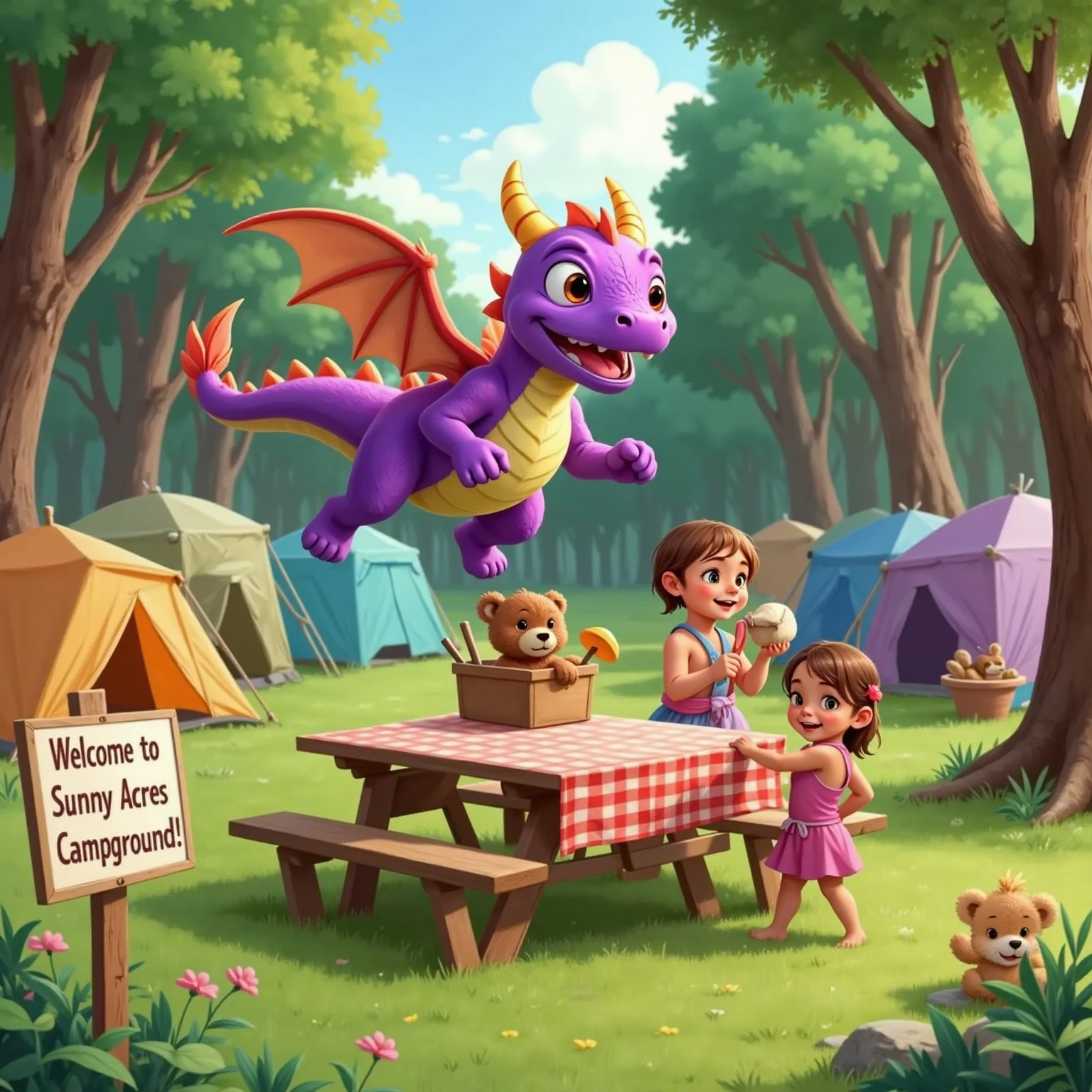Smelly the Smellygaster Dragon flying around the campground, fixing a wobbly picnic table