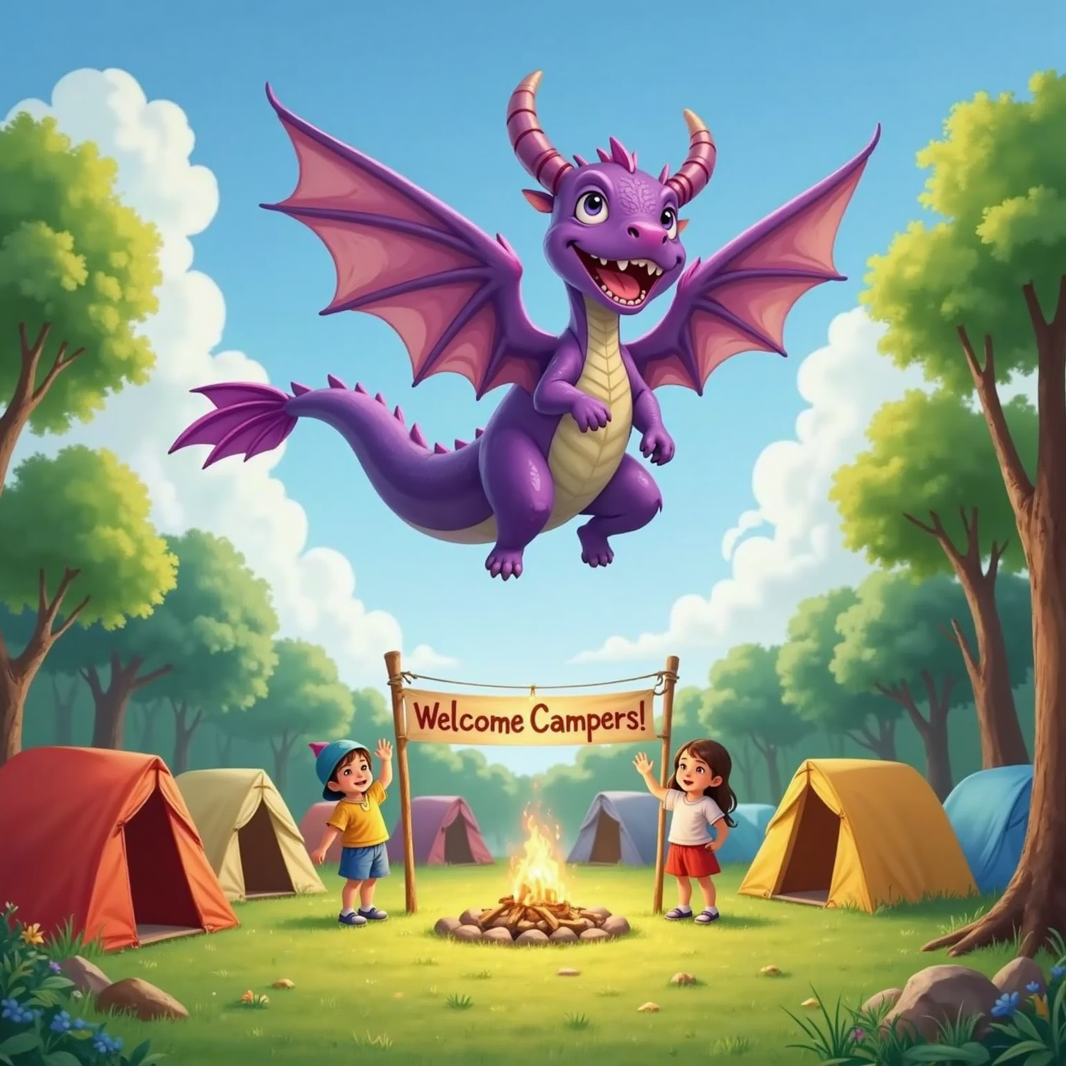 Campers waving at Smelly the Smellygaster Dragon flying by, the campground feeling cheerful