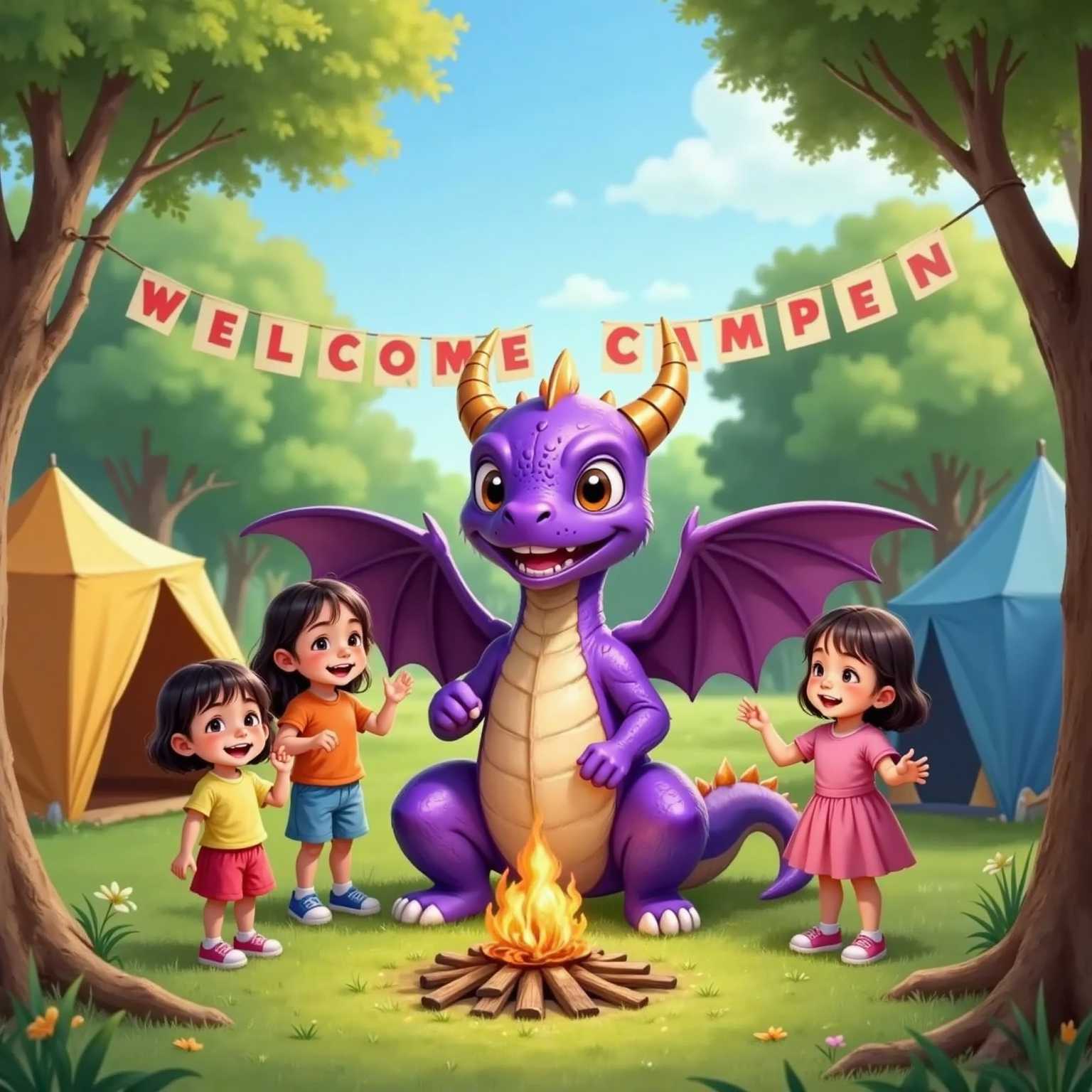 Smelly the Smellygaster Dragon smiling, surrounded by happy campers, the campground in the background