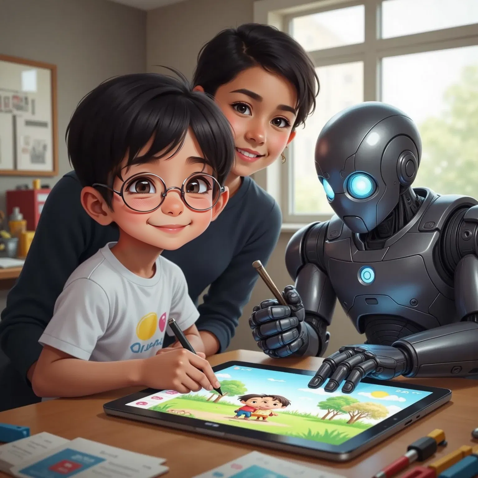 Robot creating a colorful drawing of Benji's family. Benji smiling proudly in the background with his parents looking amazed.