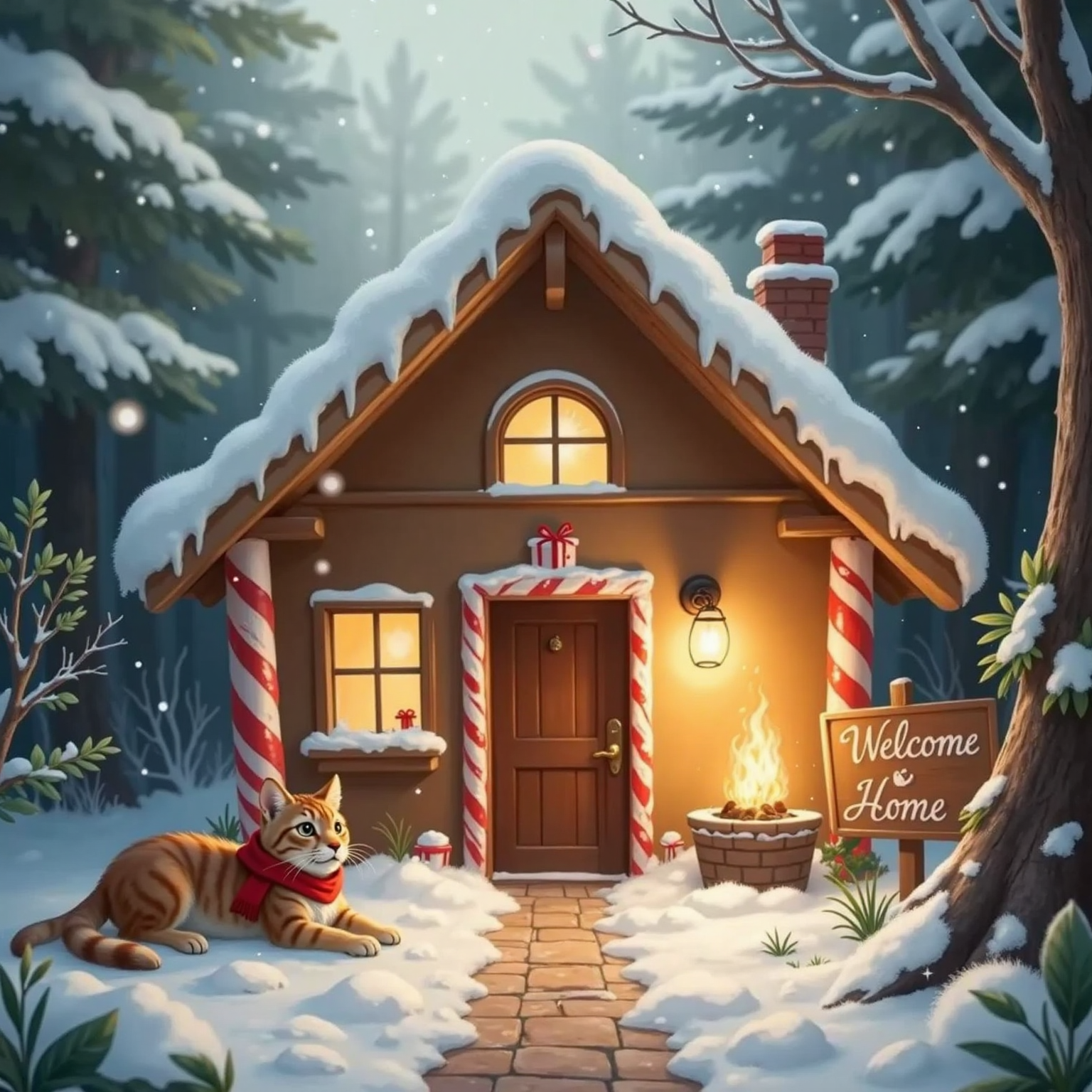 Charles the Hedgehog wearing a tiny red scarf stepping outside his gingerbread house into the snowy forest. Persian cat Pit stretching lazily by the fireplace inside.