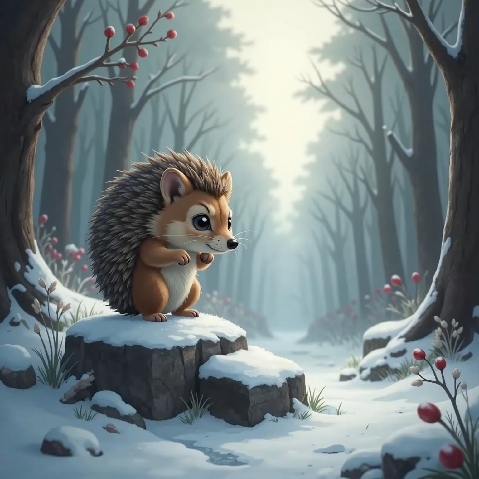 Charles the Hedgehog sitting on a cold stone, looking sad and lost in a foggy, snow-covered forest.