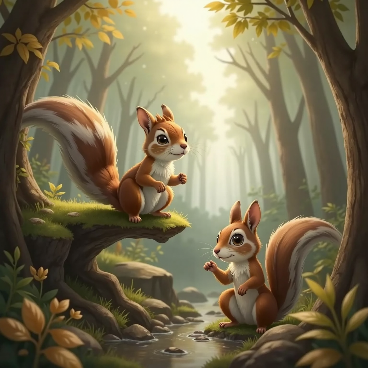 Squirrel Ella perched on a branch, smiling down at a tearful Charles the Hedgehog in the foggy forest.