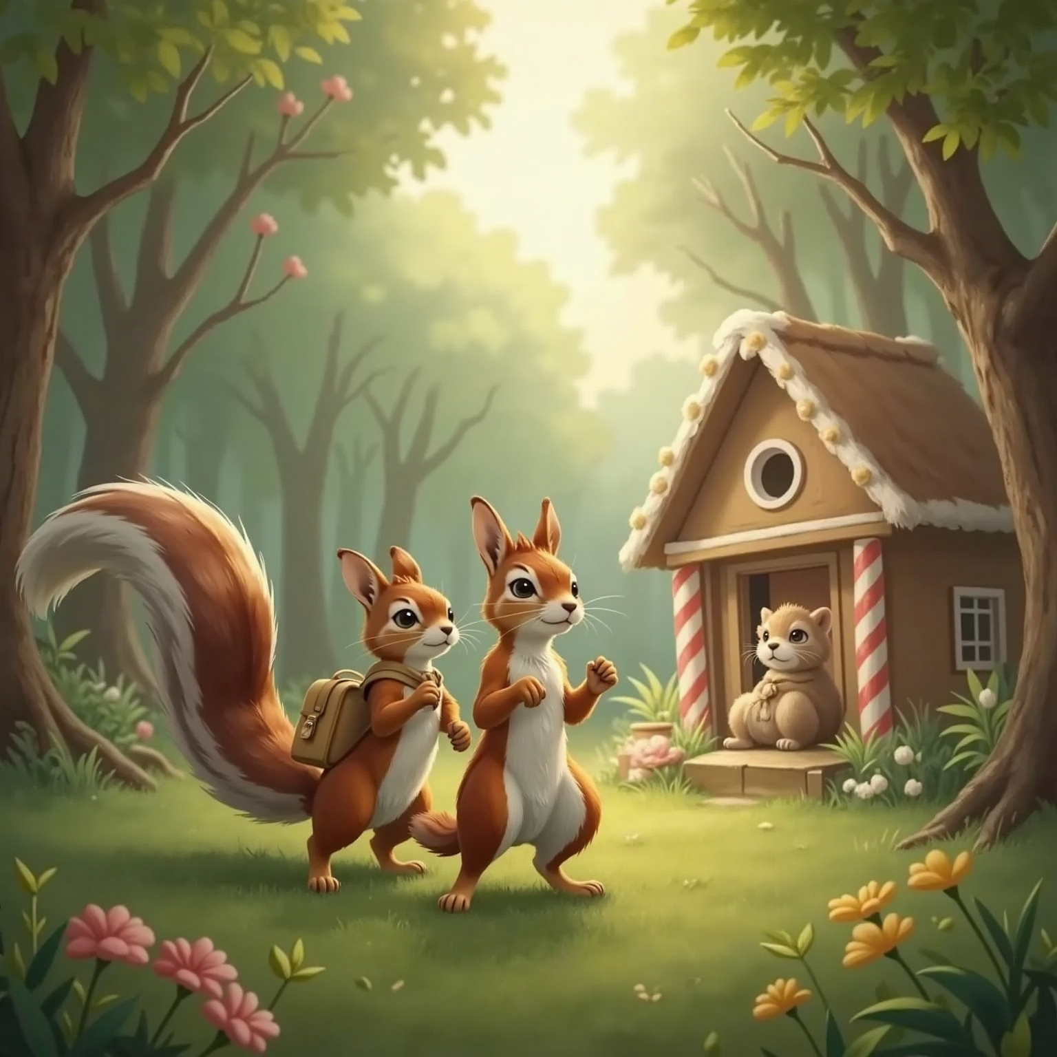 Squirrel Ella leading a joyful Charles the Hedgehog through a thinning fog, with the gingerbread house visible in the distance. Persian cat Pit waiting at the window.