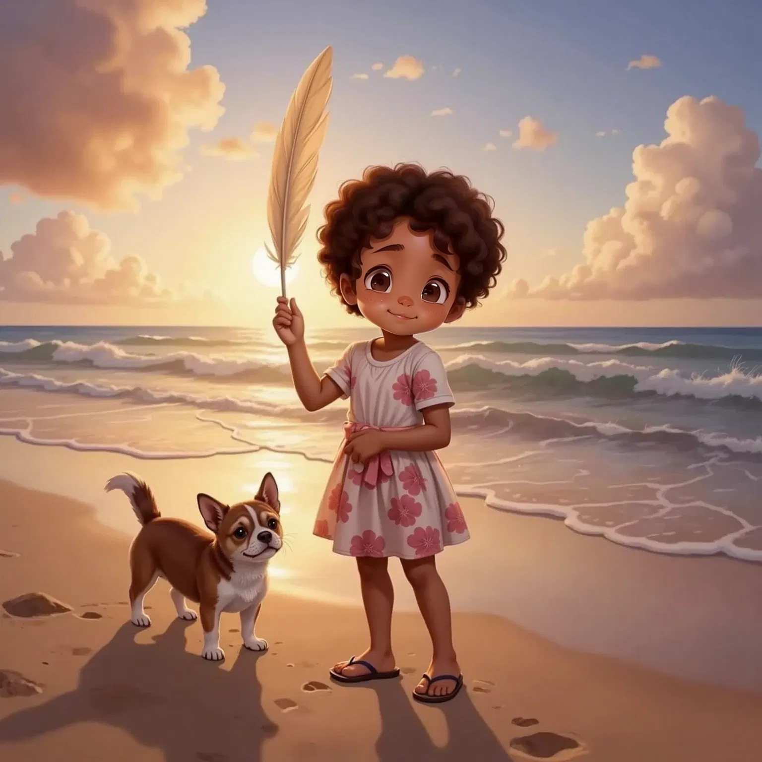 Fidou holding a large, fluffy feather with brown and white patterns on a beach at sunset. Sipek, a small brown and white dog with pointy ears, is beside her.
