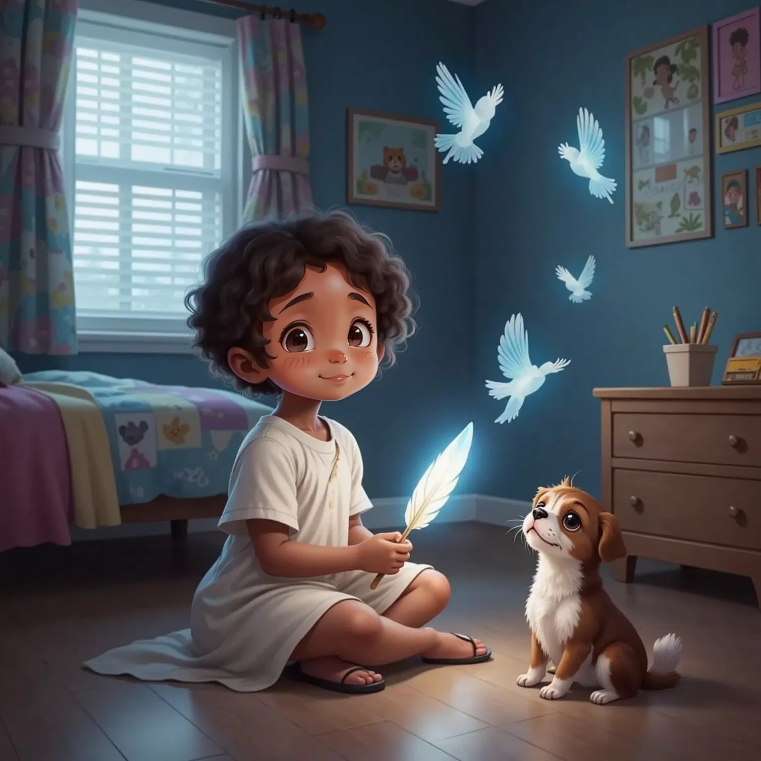Fidou in her bedroom, holding a glowing feather with a gentle blue light. Sipek with pointy ears is watching the ghostly shapes of dodo birds around them.