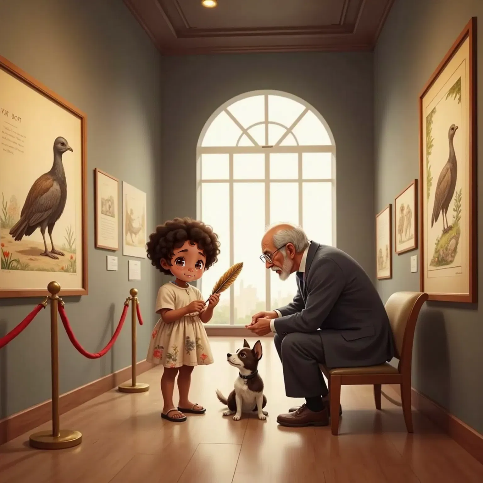 Fidou at a museum, showing the feather to an old curator. Sipek sitting obediently beside her. Ancient drawings of dodos on the wall.
