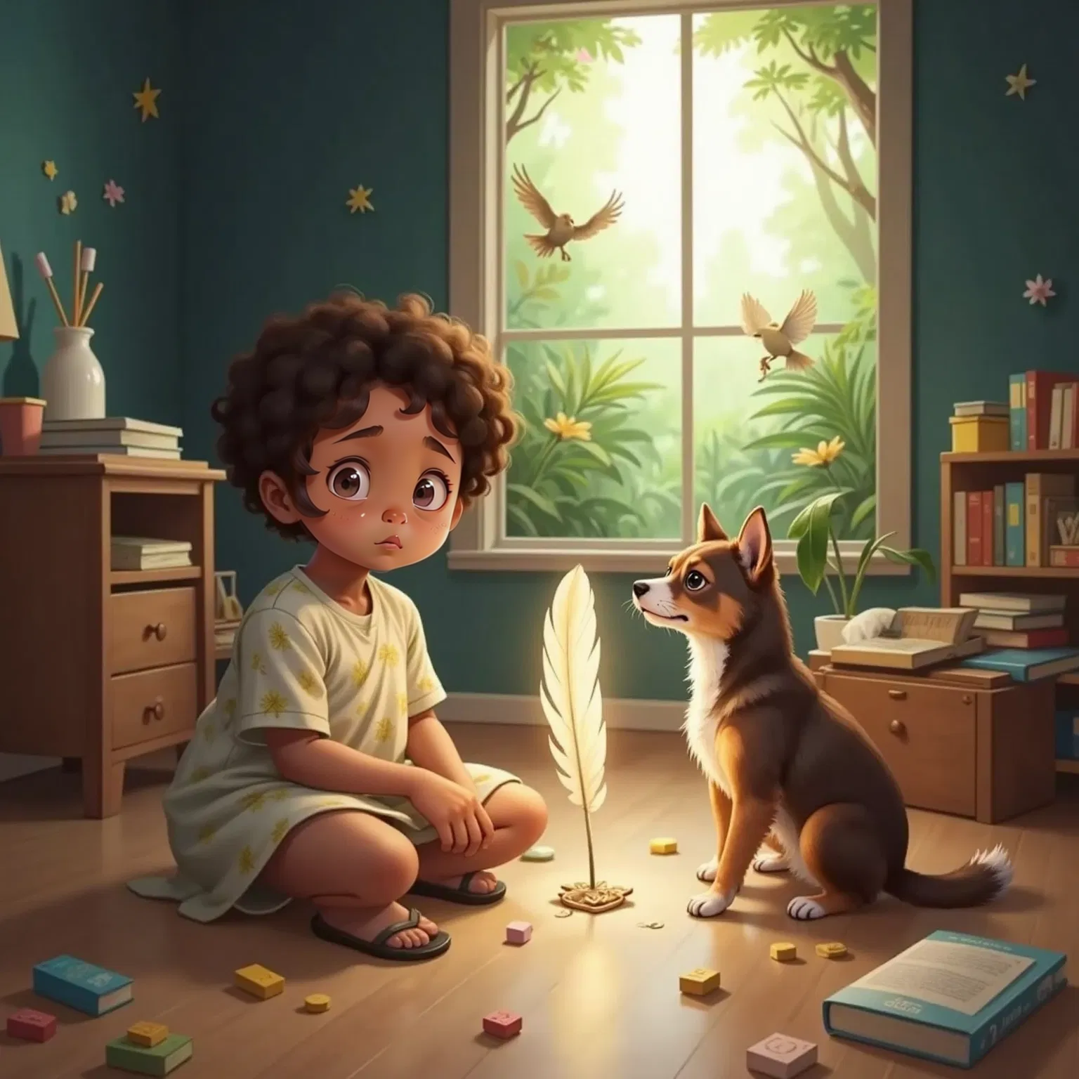 Fidou and Sipek sitting on a bedroom floor with the glowing feather. Ghostly images of dodos in ancient forests around them.