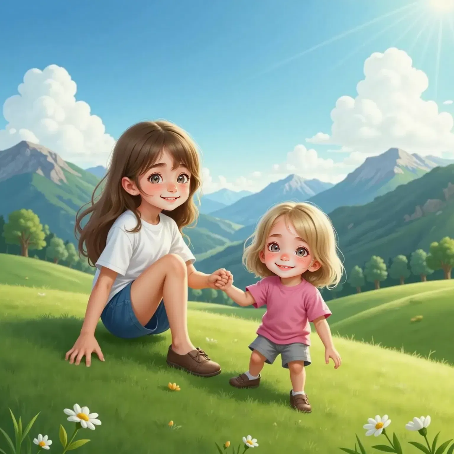 Zoey helping Harper climb a small hill, both smiling. A distant view of mountains in the background.