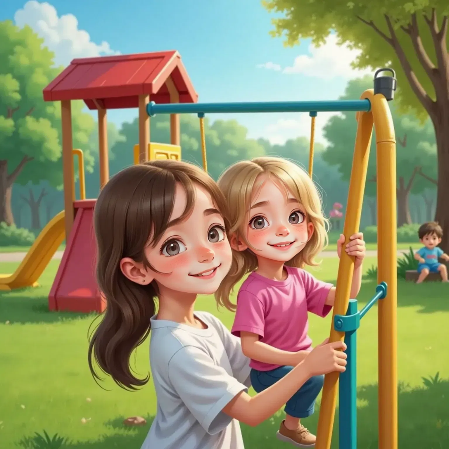 Zoey helping Harper climb a jungle gym in a sunny park, both smiling.