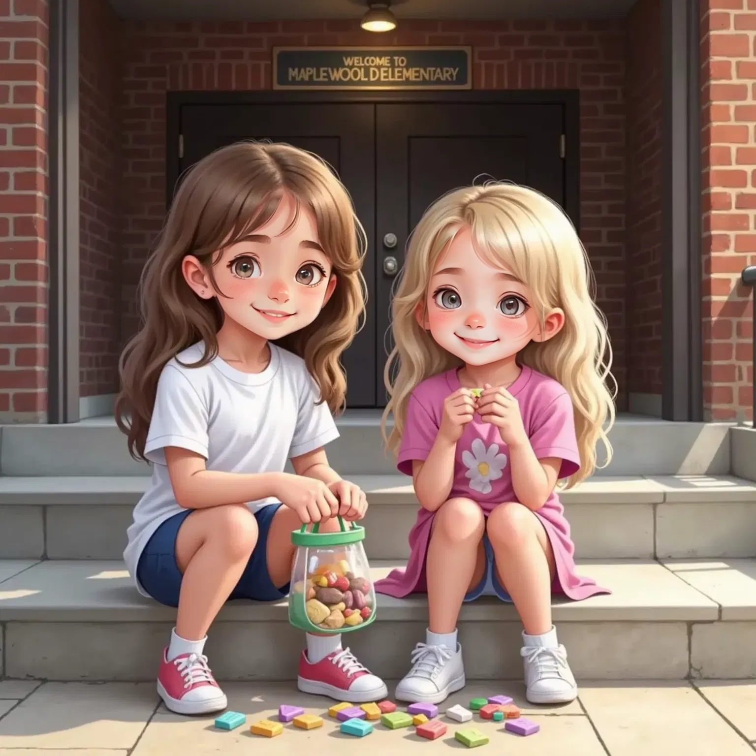 Zoey and Harper sharing candy on a staircase, both smiling. A school building in the background.