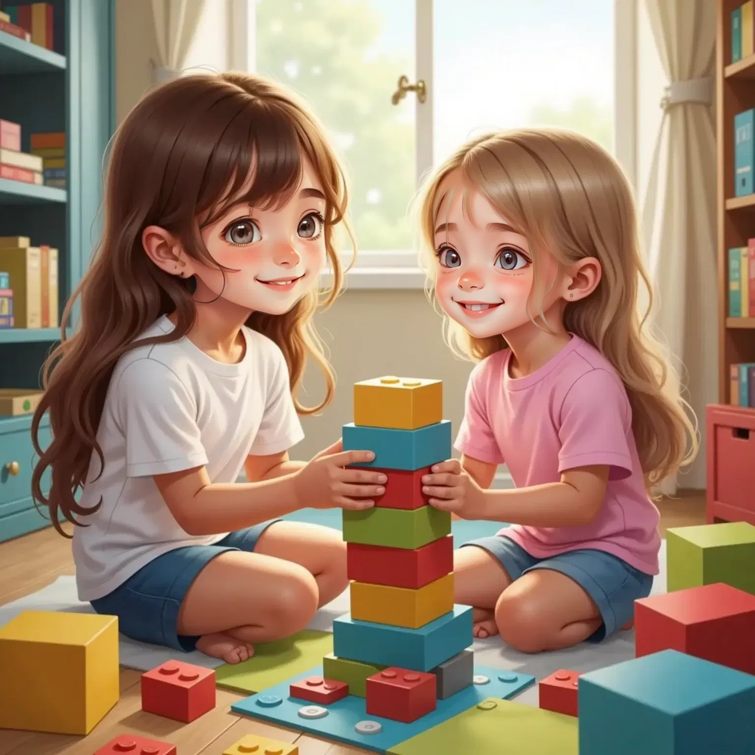 Zoey and Harper building a block tower together, with blocks scattered around.
