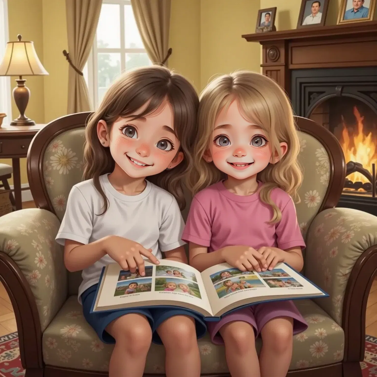 Zoey and Harper looking at a photo album, giggling together. A cozy living room in the background.