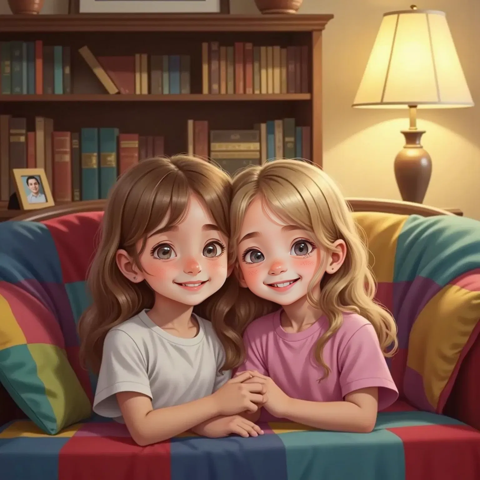 Zoey and Harper snuggled under a blanket on a couch, with a warm glow from a nearby lamp.