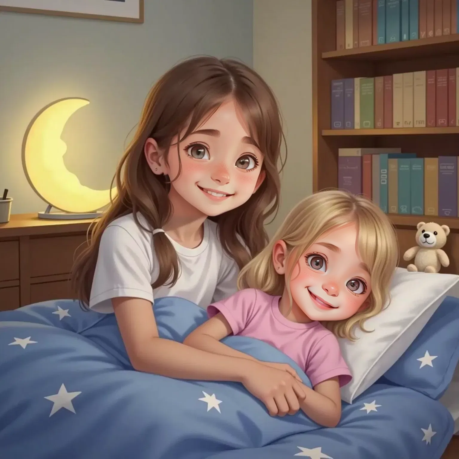 Zoey tucking Harper into bed, both smiling tenderly. A soft nightlight in the background.