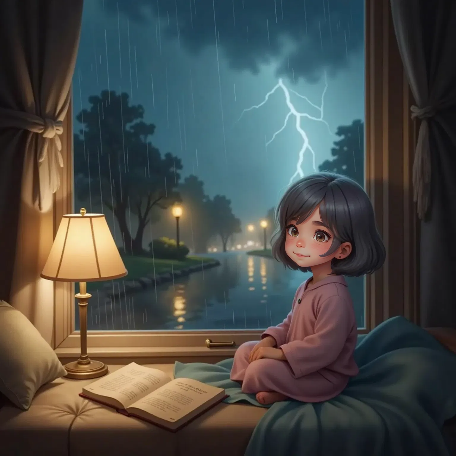 Nia sitting by her window, her gray hair gleaming in the moonlight, looking out into a stormy night