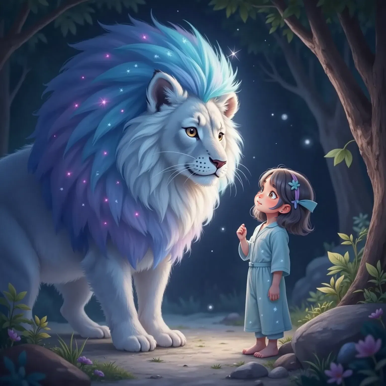 Nia facing Lumo, a lion made of swirling stardust, in a softly lit environment