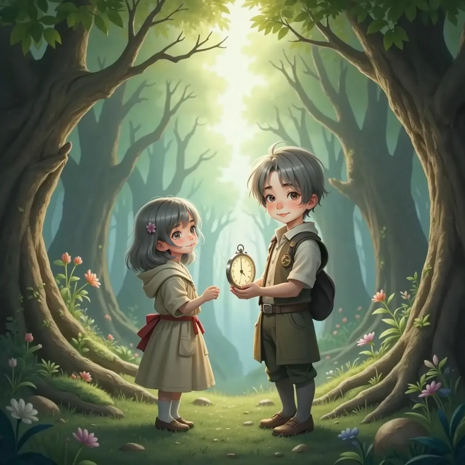Keeper Thomlin, a wise-looking 12-year-old boy, handing a silver compass to Nia in a mystical setting